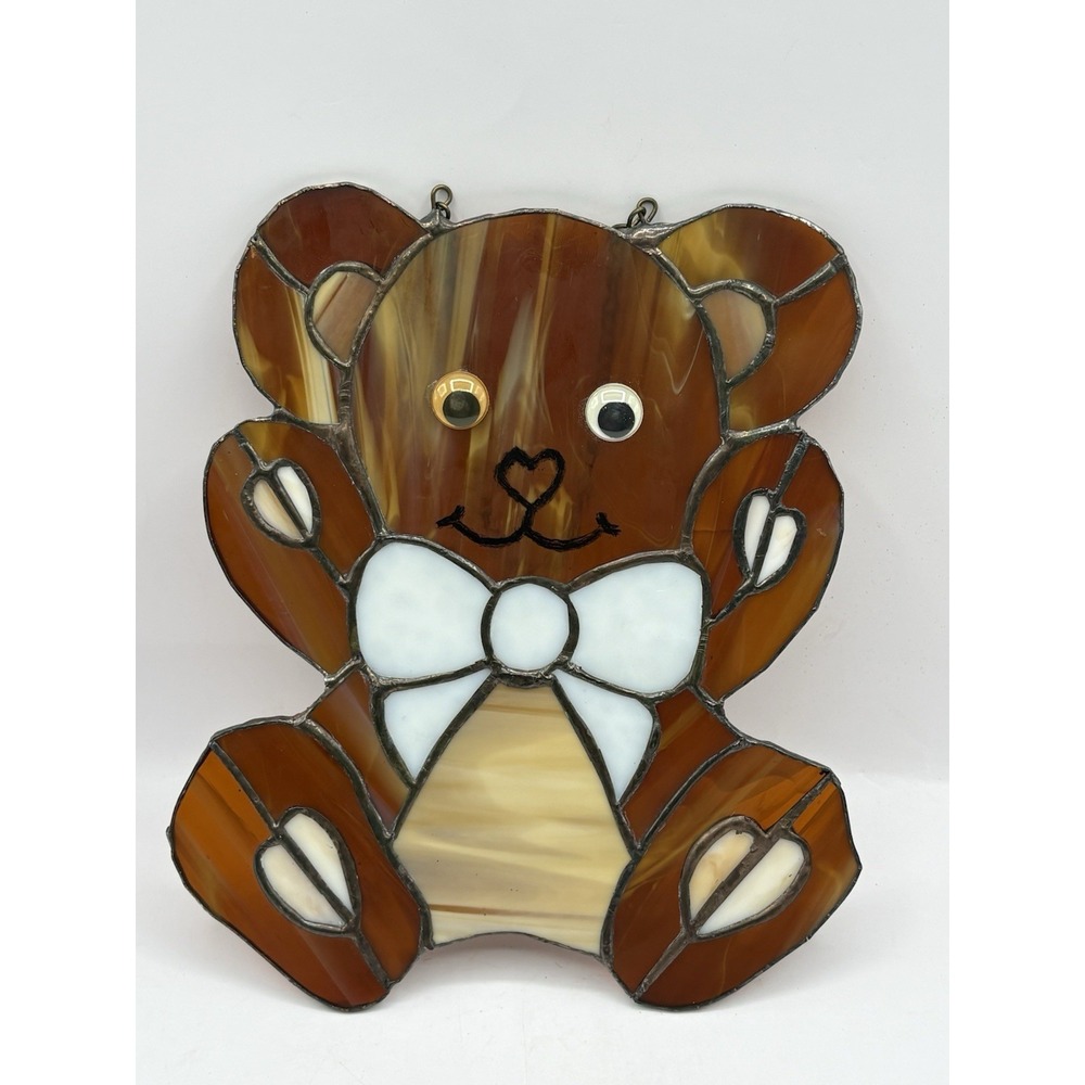 Vintage Stained Glass TEDDY BEAR Sun Catcher 9" Childs Room Whimsical